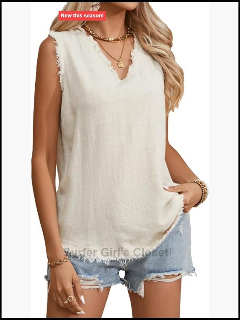 Sleeveless Ruffled V Neck Linen Tank Top Summer Solid Raw Edge Hem